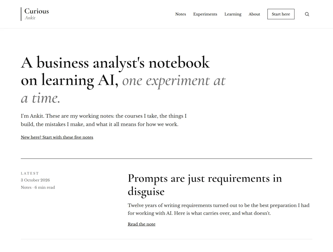 The homepage mockup on desktop, showing the header, the headline, and the latest note