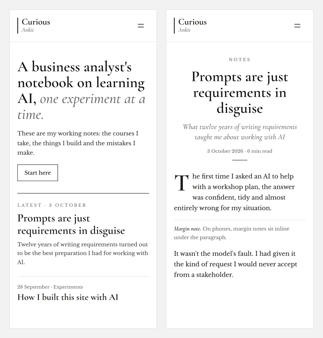 The homepage and a post page mockup, side by side on a phone