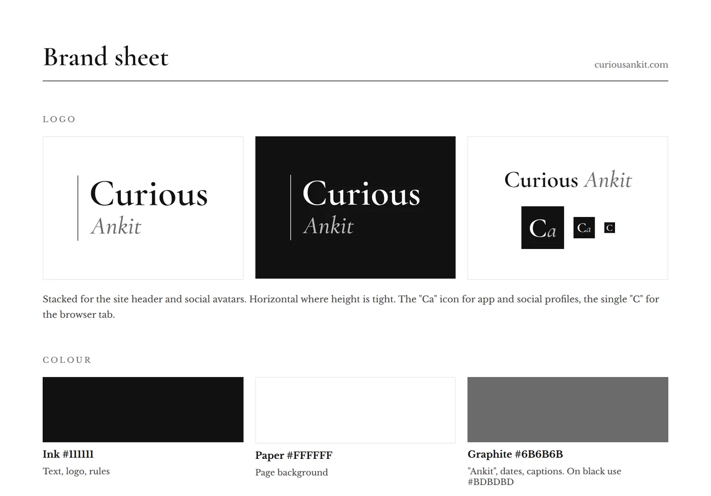 The brand sheet showing the stacked Curious Ankit logo in black on white and white on black, the Ca icon, and the three colours