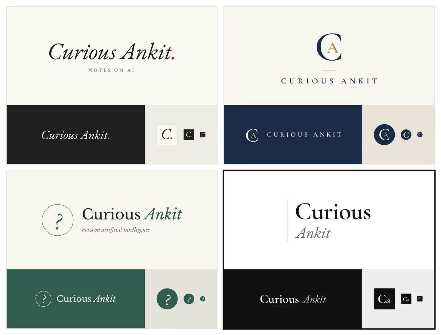Four classy logo concepts: The Signature, The Monogram, The Question and The Stack, with The Stack outlined as the chosen one