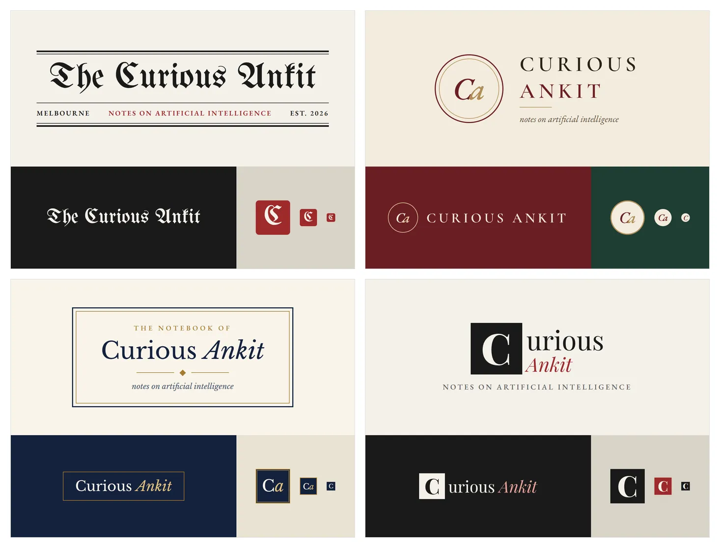 Four newspaper style logo concepts: The Masthead, The Colophon, The Bookplate and The Drop Cap
