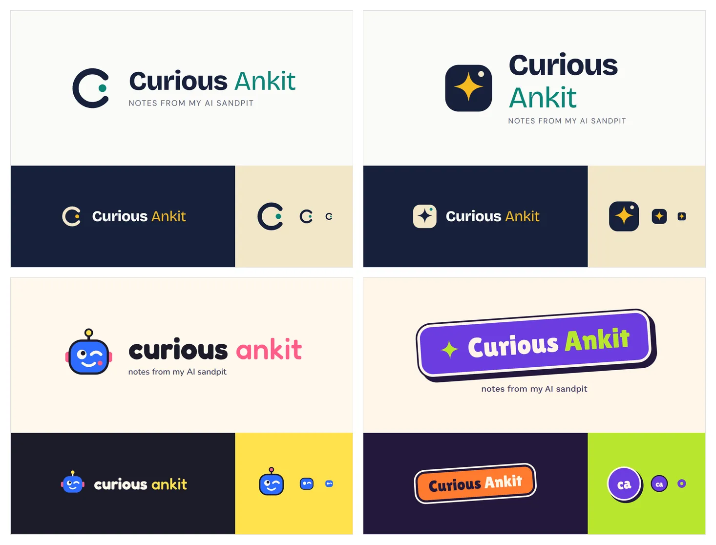 Four early logo concepts: Curious Eye, Sandpit Spark, Doodle Bot and Laptop Sticker